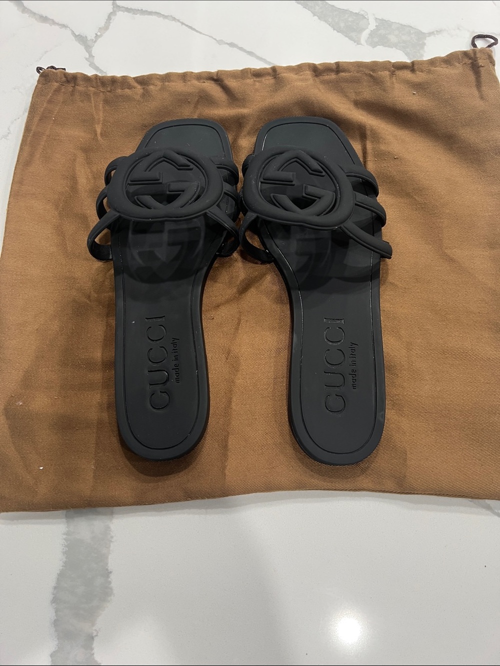 Gucci Black Rubber Interlocking GG Slide Sandals